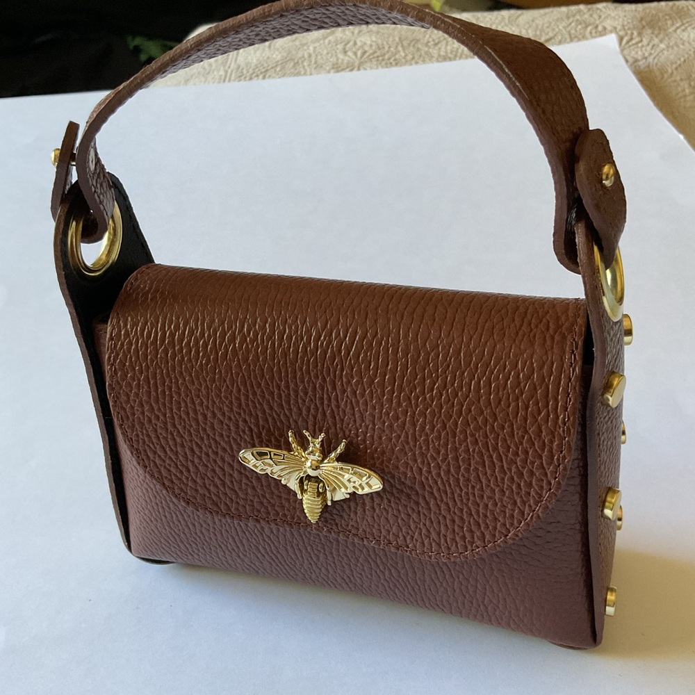 PERSAMAN BEE TOP HANDLE LEATHER SATCHEL BAG BROWN WITH GOLD NWOT